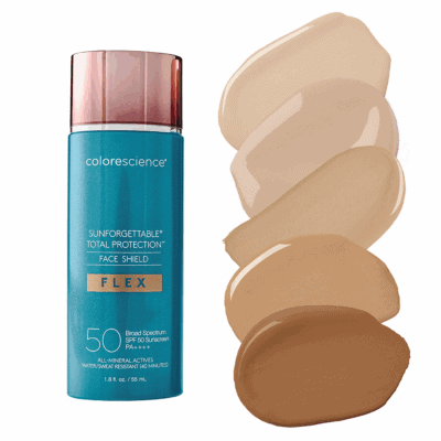 Colorescience Sun Protection Face Shield SPF 50 with beige swatches, broad spectrum sunscreen for he.